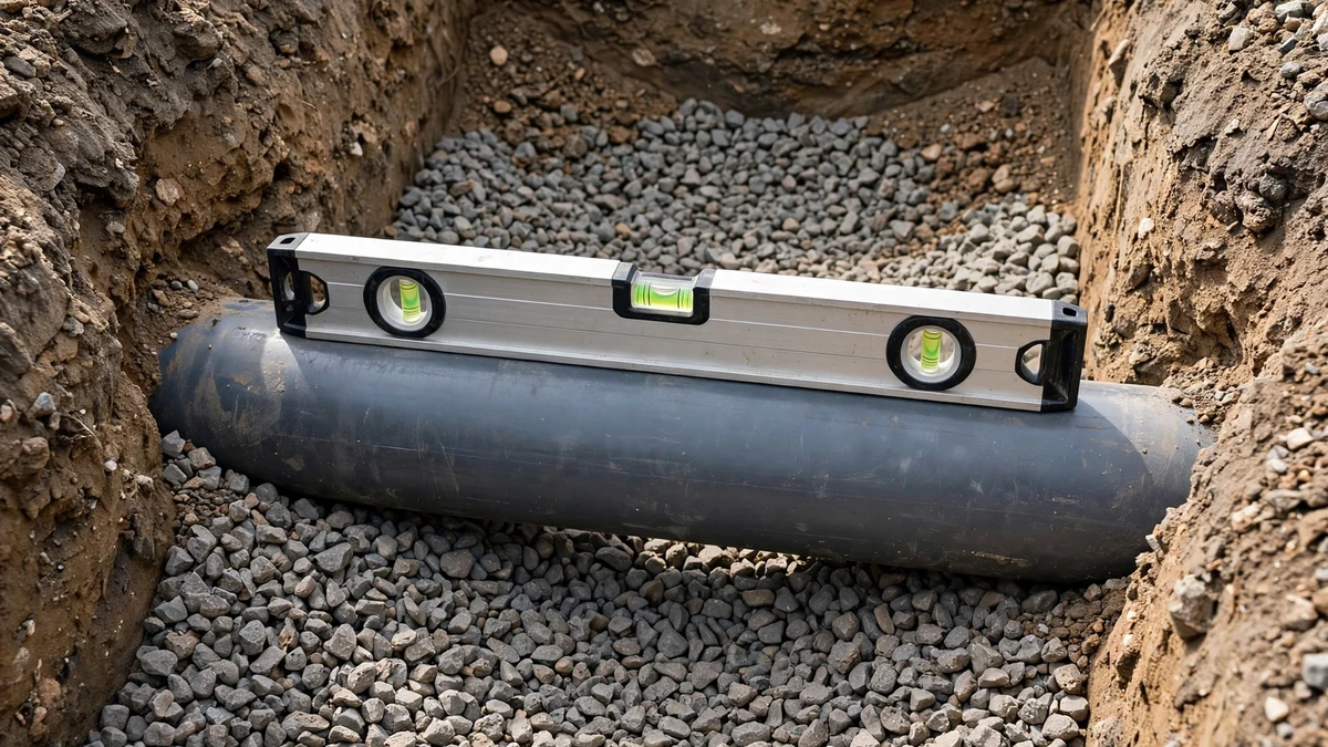 Spirit level resting on a sewer pipe in a trench to check grade
