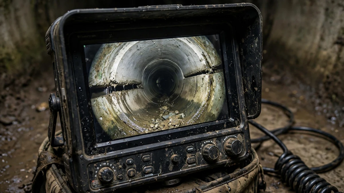 Sewer camera footage on a monitor showing the inside of a pipe