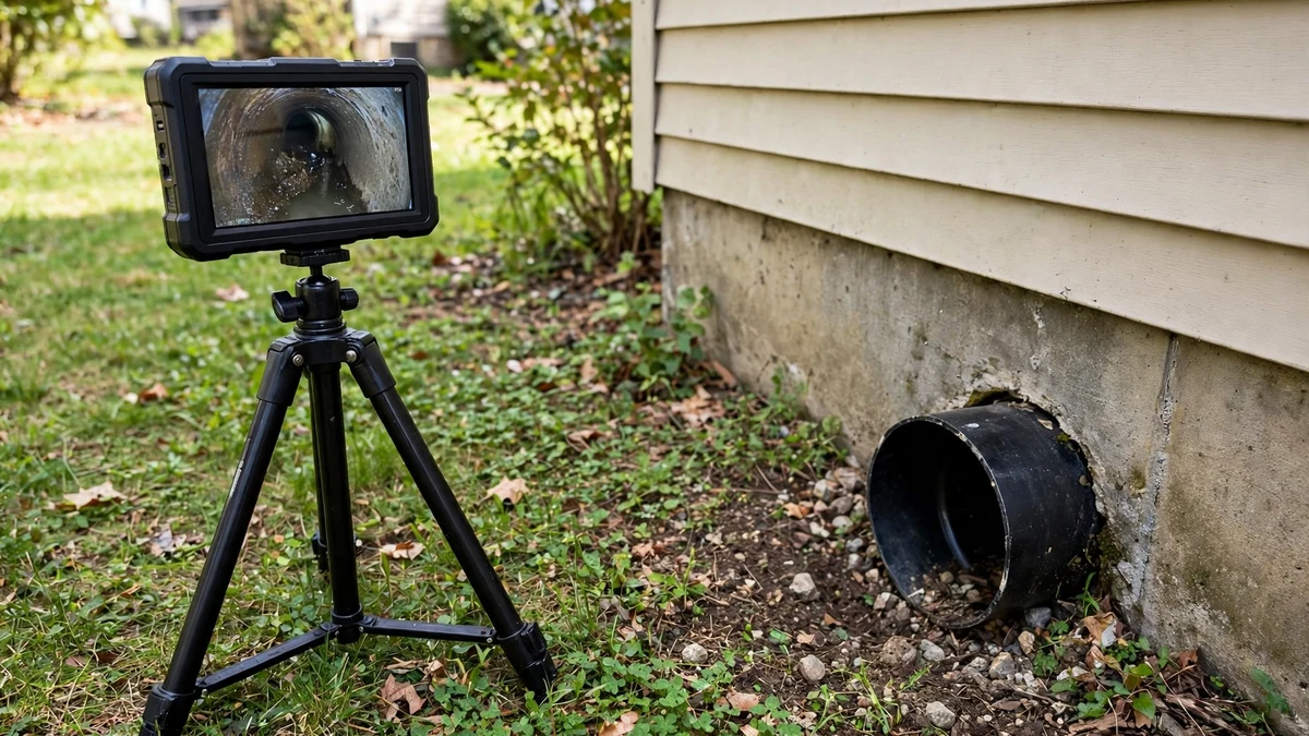 Sewer camera monitor on a tripod beside a house foundation