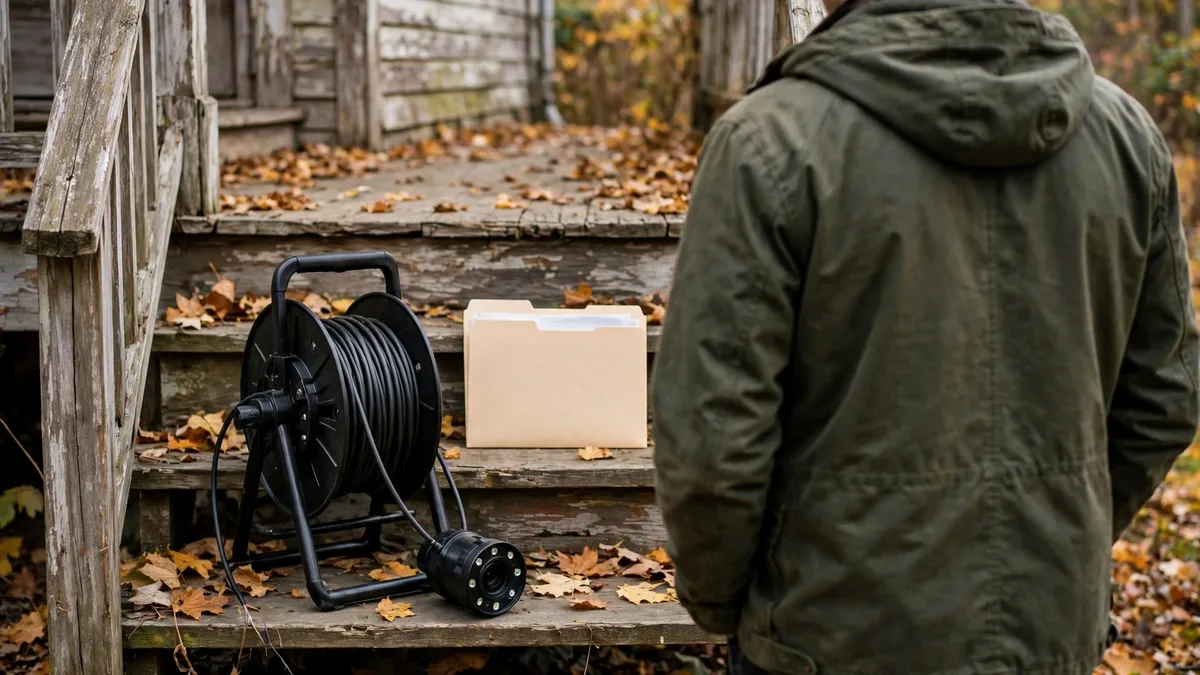 Sewer camera reel and a blank folder on the porch steps of an older home