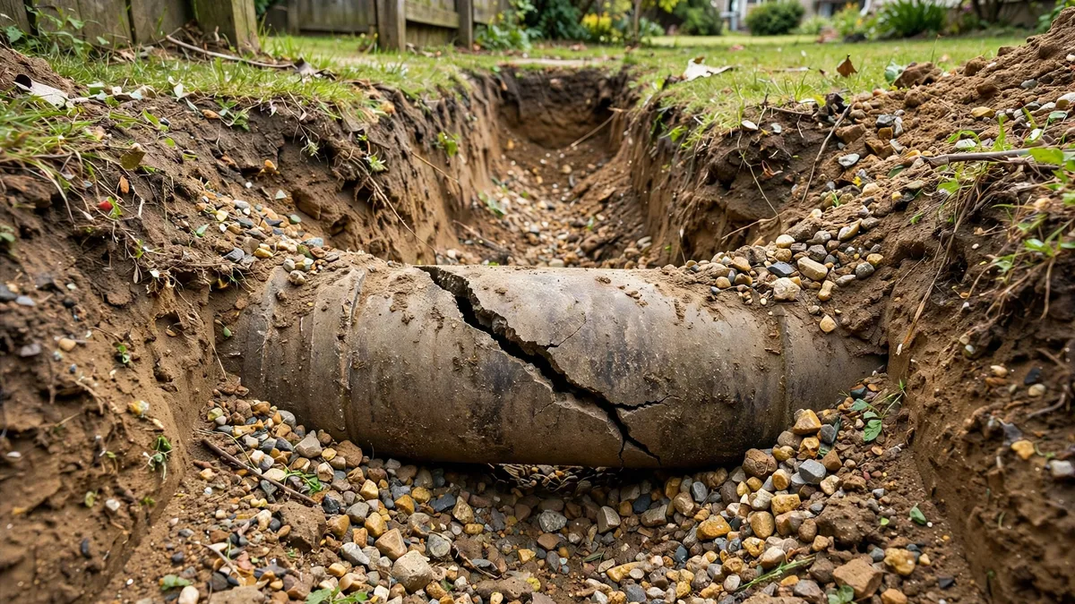 Cracked sewer pipe exposed in an open trench in a residential yard