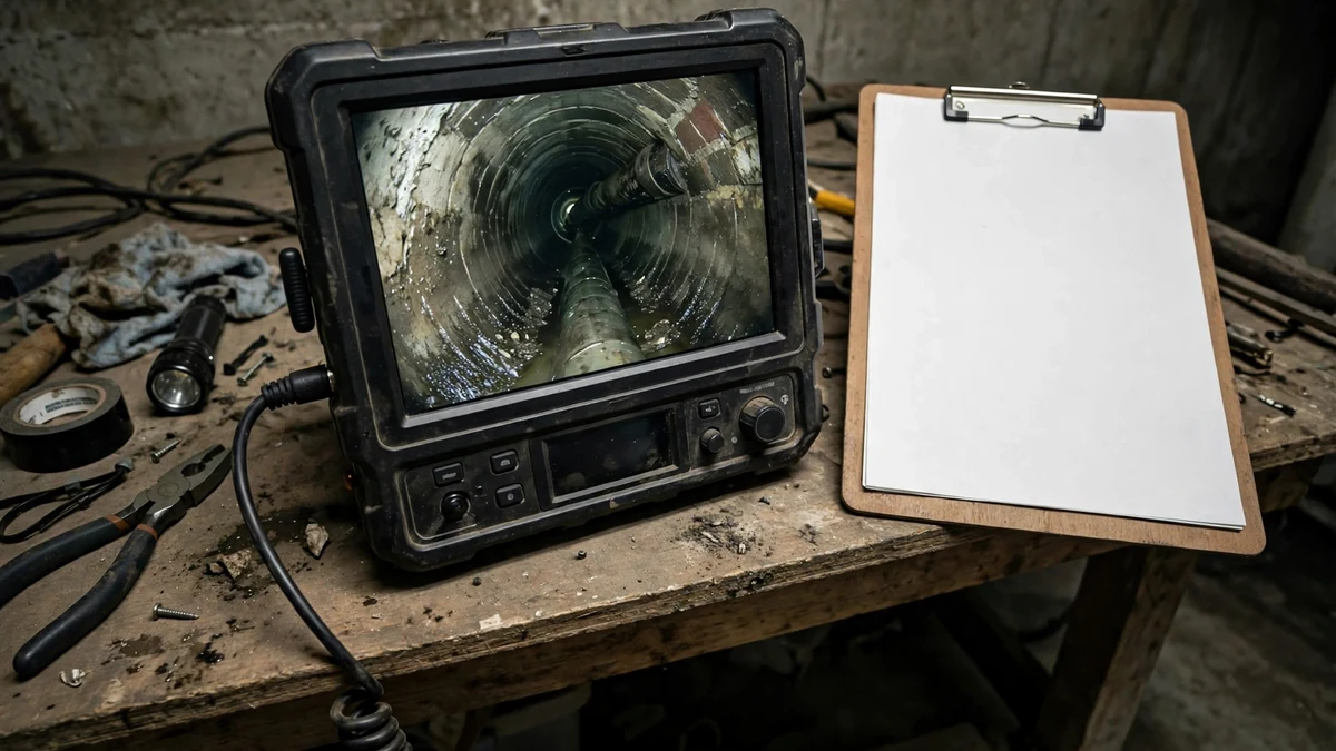 Sewer camera monitor beside a blank clipboard on a workbench