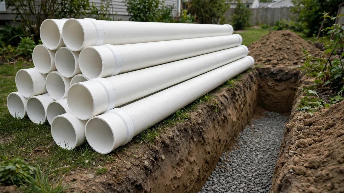 New white PVC sewer pipes stacked beside an open trench with gravel bedding