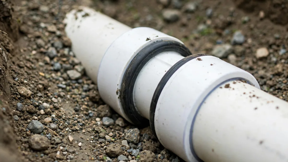 Close-up of a white PVC sewer pipe joint with a dark rubber gasket in a trench