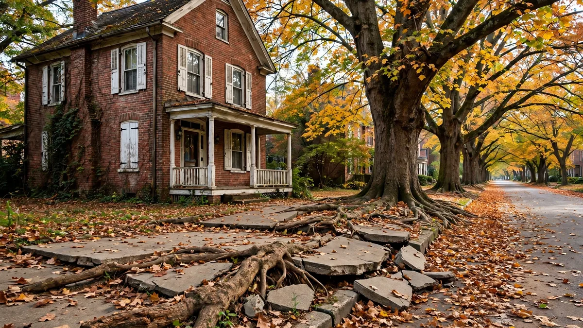 Historic brick home on a tree-lined street in autumn, with tree roots lifting the sidewalk