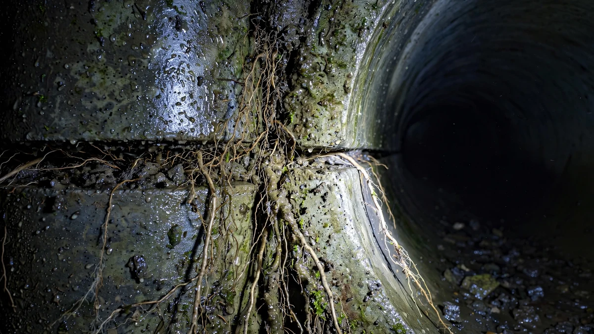 Tree roots growing through a joint inside a sewer pipe