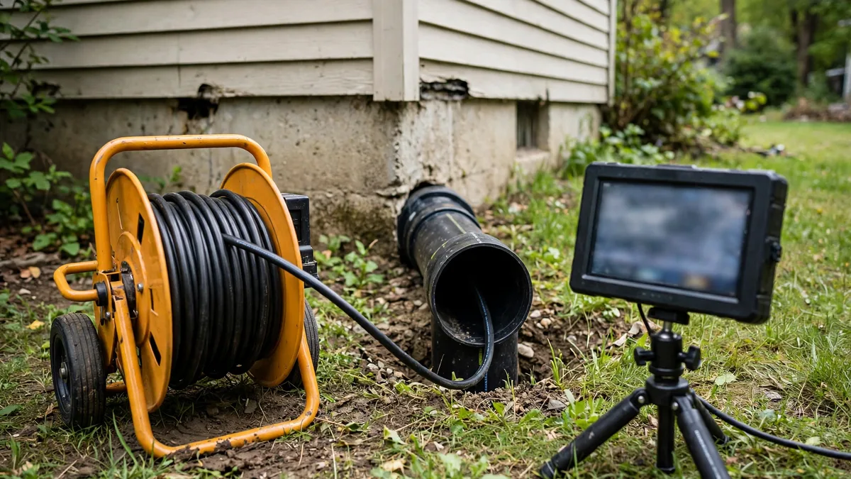 Sewer camera reel and monitor beside an outdoor cleanout pipe at a house foundation