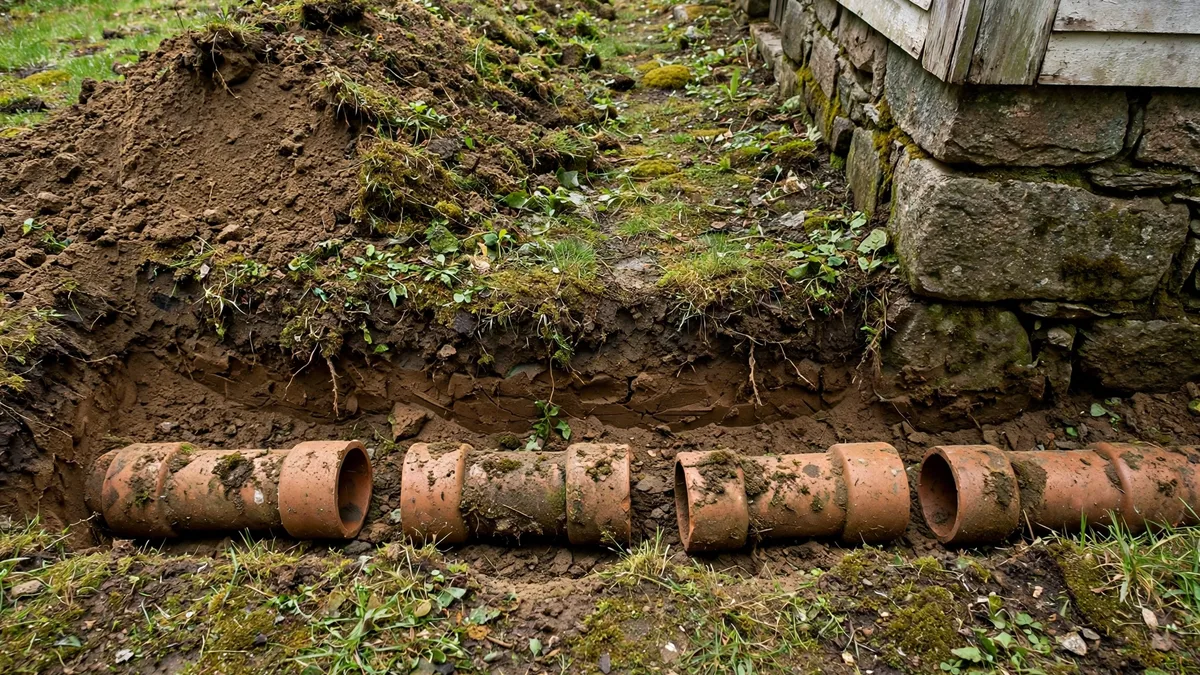 Old clay sewer pipe sections with joints lying in a trench beside an older home foundation