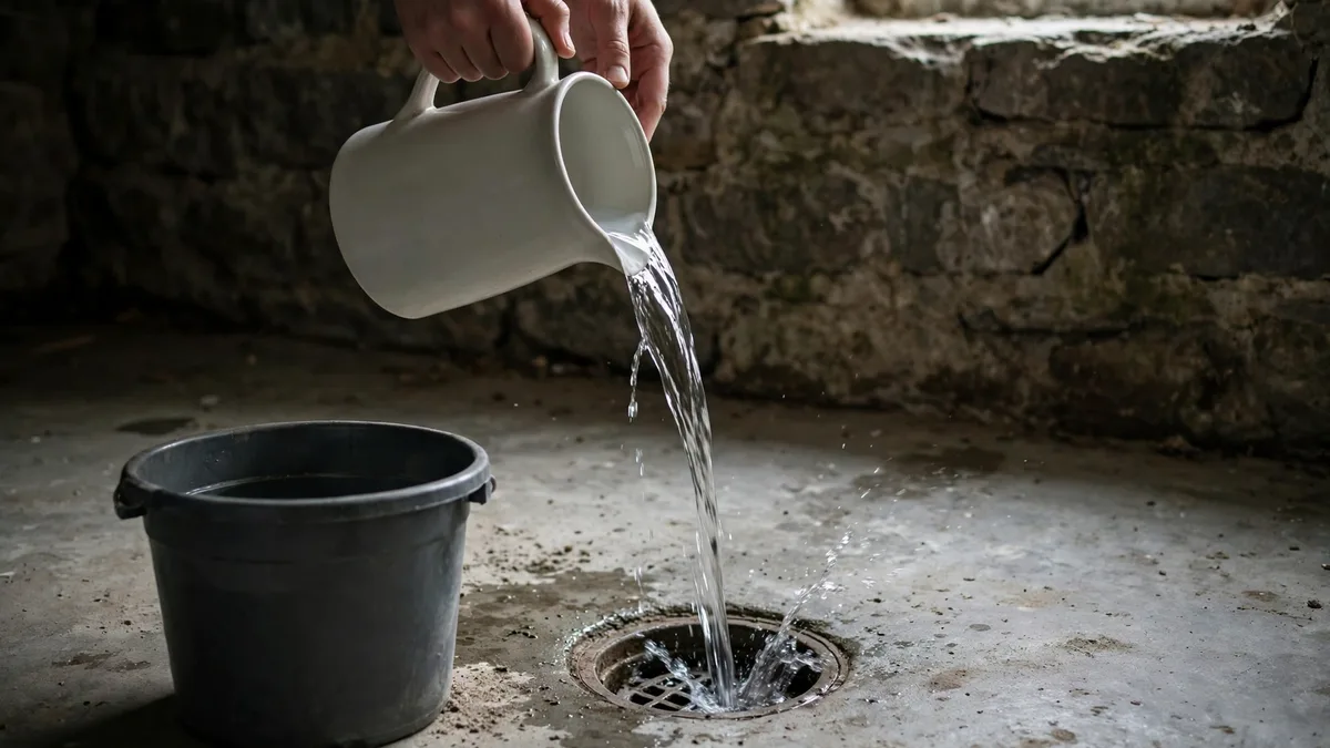 Hands pouring water from a jug into a basement floor drain beside a bucket