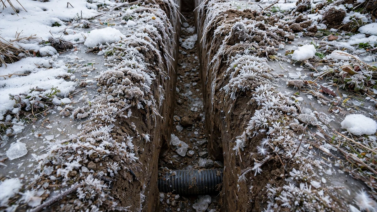 Deep trench through frozen ground with frost on the soil edges