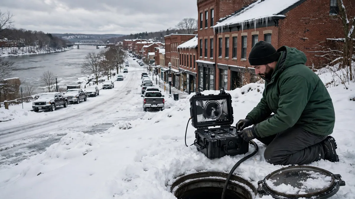 Technician running a sewer camera monitor beside an open cleanout in snow above a river street in Augusta, Maine