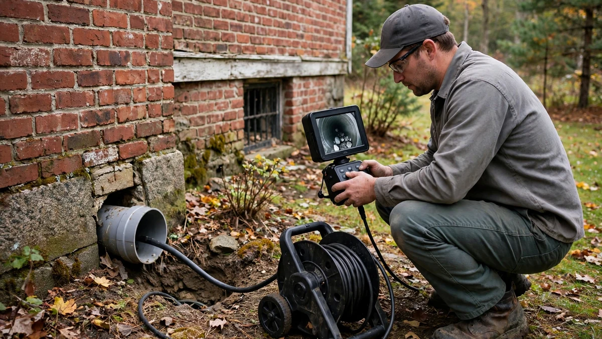 Technician running a sewer camera monitor beside a cleanout at an old brick house