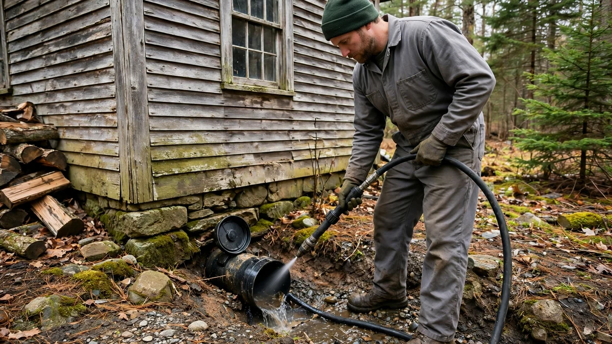 Technician using a jetter hose at a sewer cleanout beside an old wood house in northern Maine