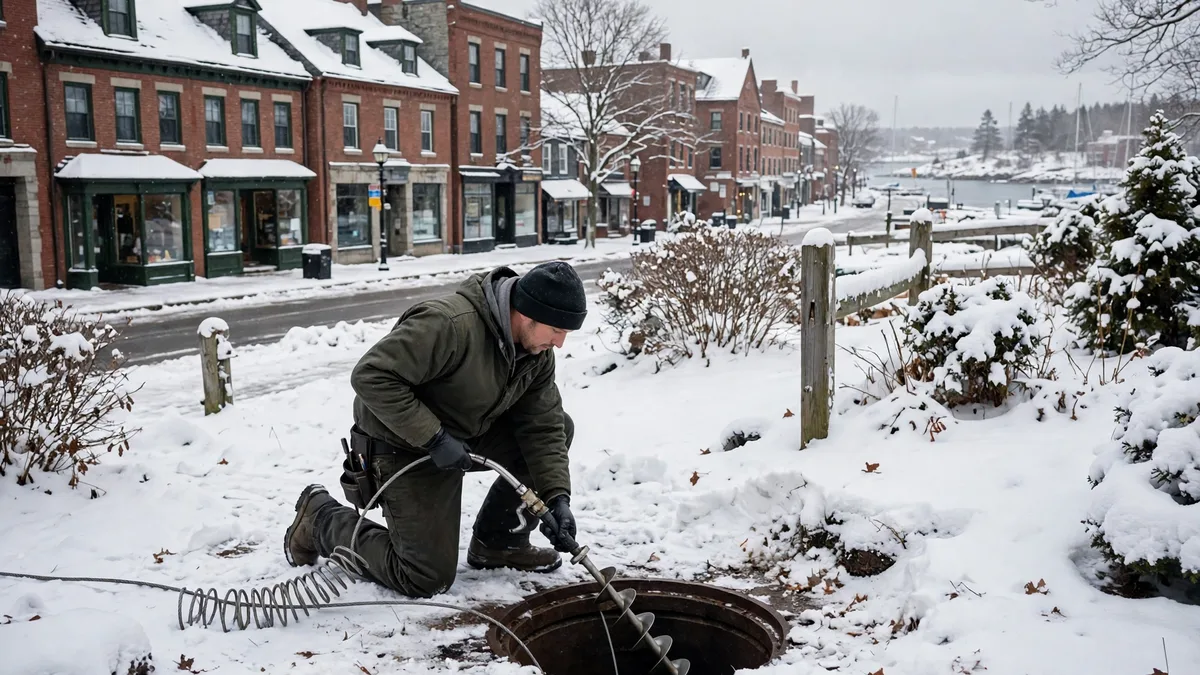 Technician cleaning a sewer line with a drain snake in snow near brick downtown buildings in Brunswick, Maine