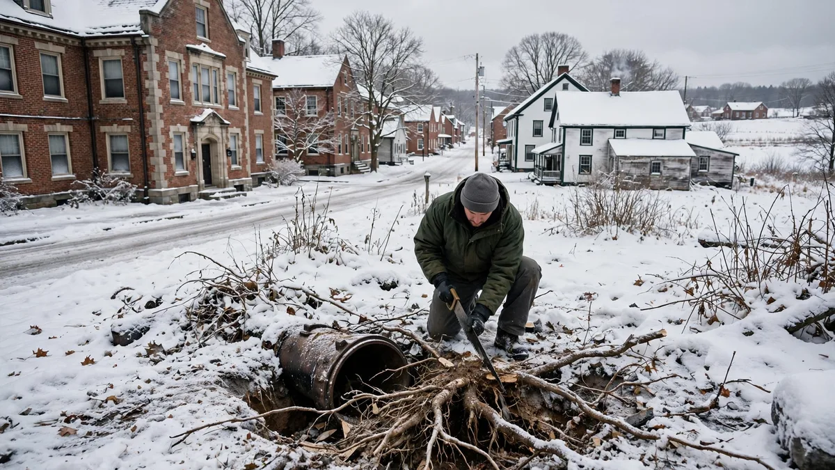 Worker cutting roots from an old sewer pipe in snow near brick campus buildings in Gorham, Maine