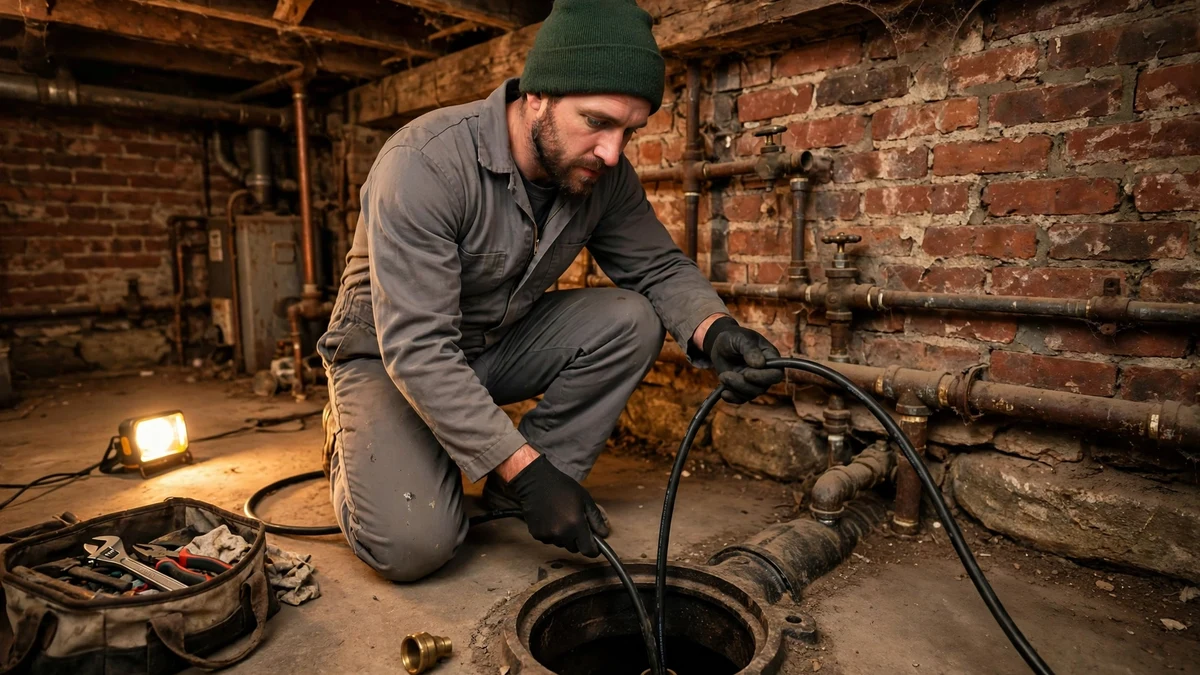 Technician feeding a camera cable into a basement cleanout in an old mill-era house