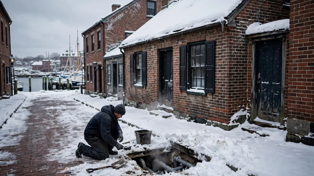 Technician working at an open sewer access in snow beside old brick houses on a harbor street in Portland, Maine