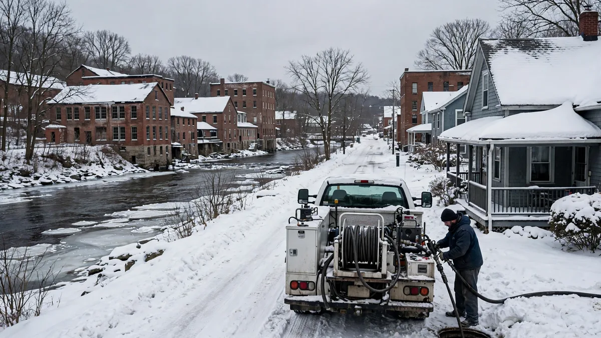 Technician operating jetting equipment from a truck beside a snowy river street with mill buildings in Saco, Maine