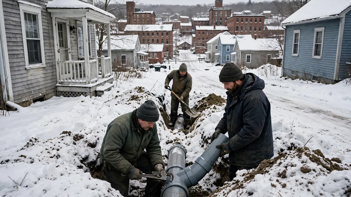 Workers replacing a sewer lateral in a snowy trench beside homes with mill buildings behind in Sanford, Maine