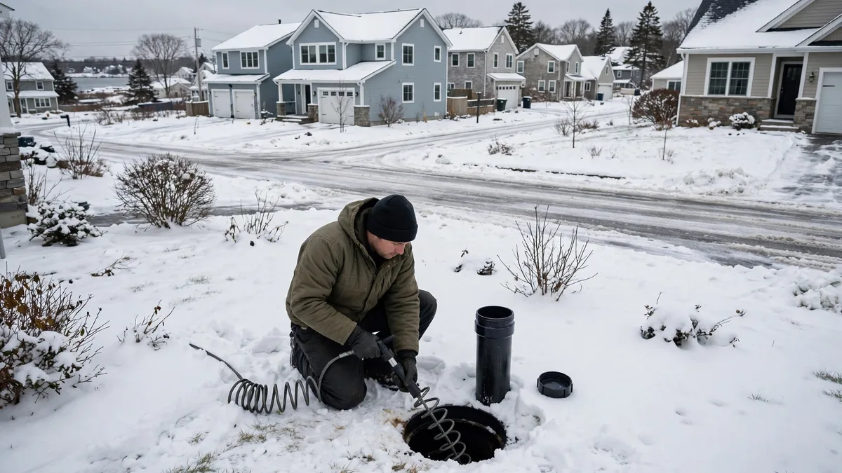 Technician snaking a sewer cleanout in snow in front of newer suburban homes in Scarborough, Maine