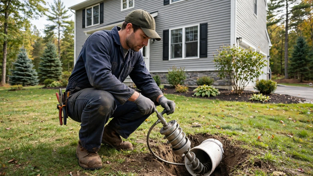 Technician snaking a sewer cleanout in a suburban Maine yard beside a newer house