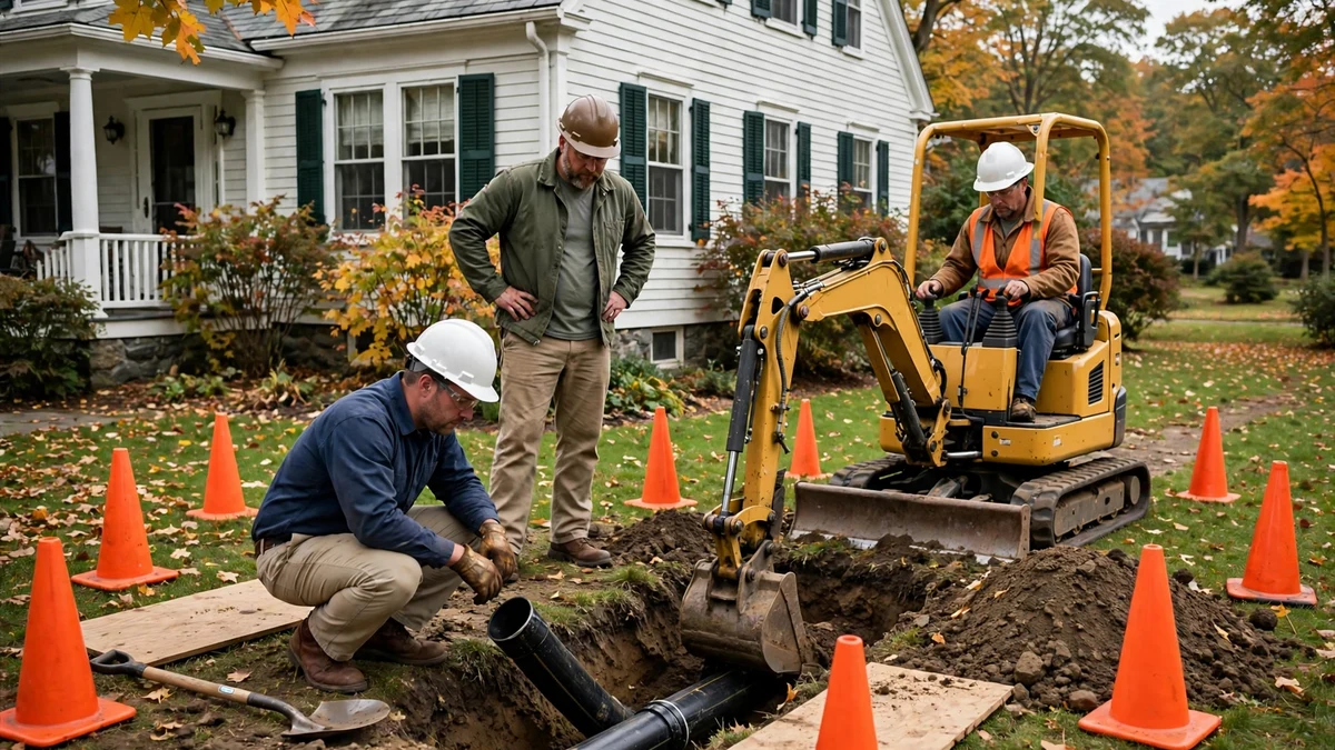 Sewer line repair crew working at a Maine home