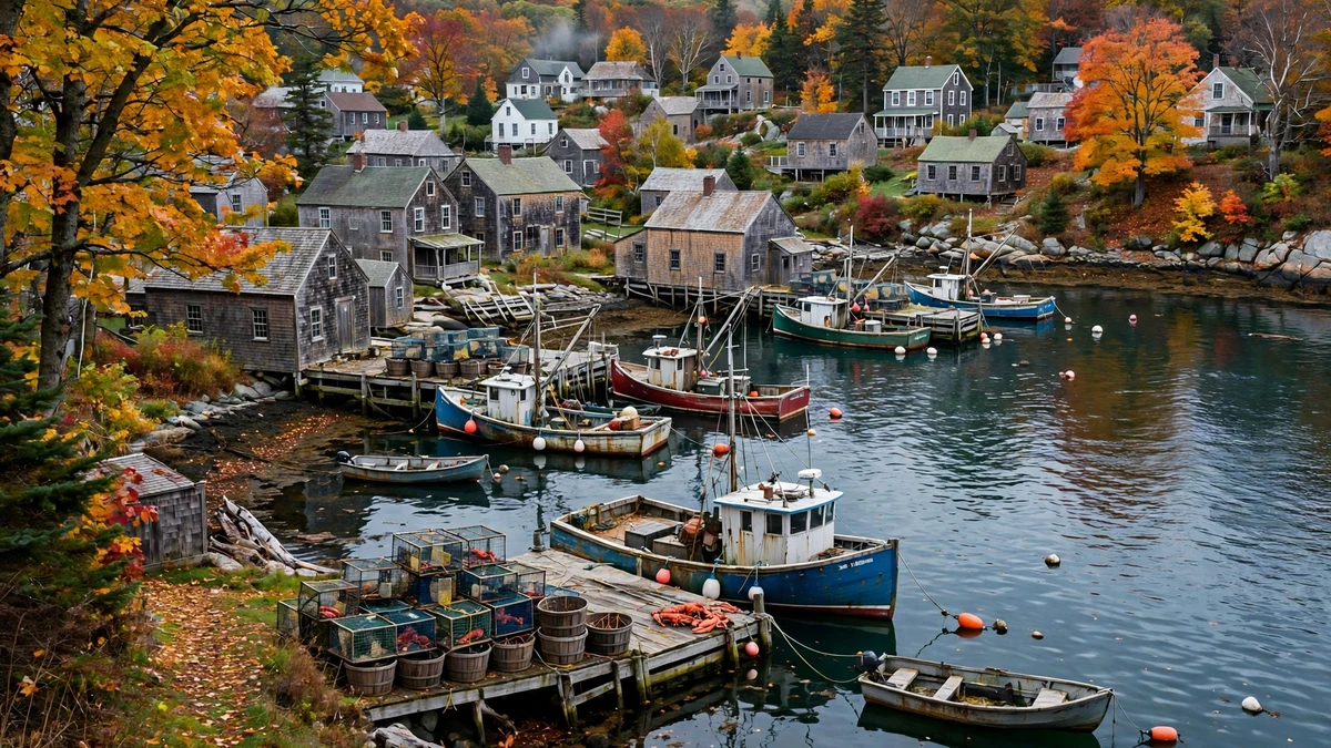 Maine coastal town with a harbor and old houses