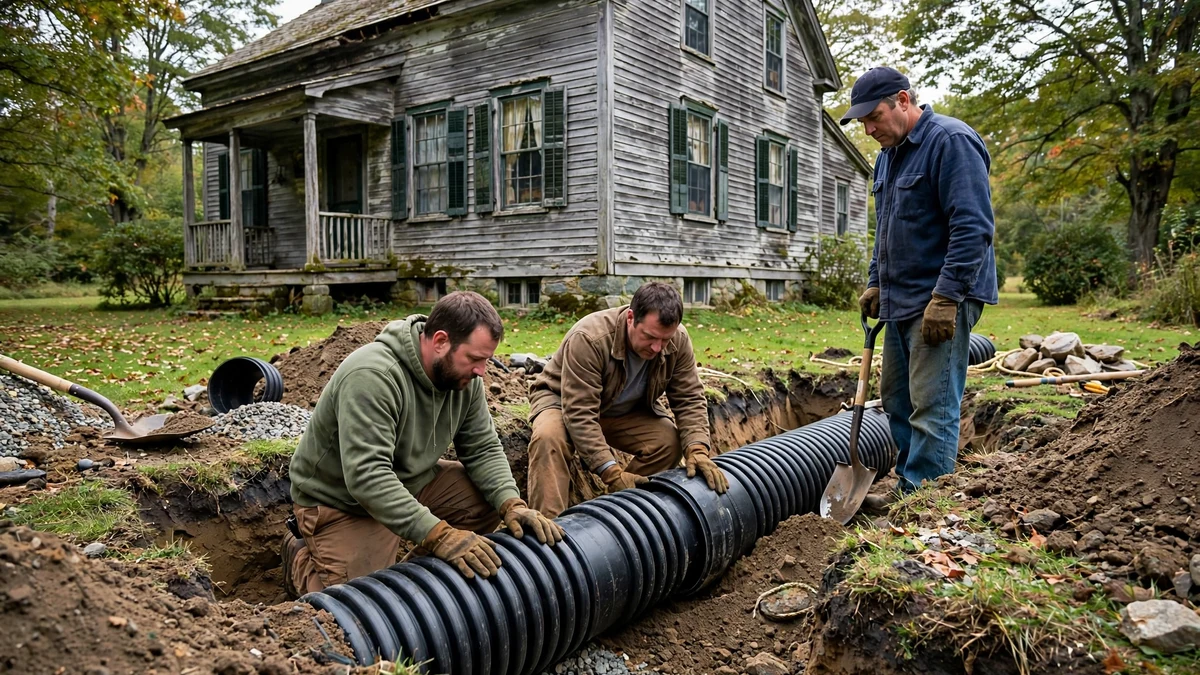 New plastic sewer pipe being installed in a trench at an old Maine home
