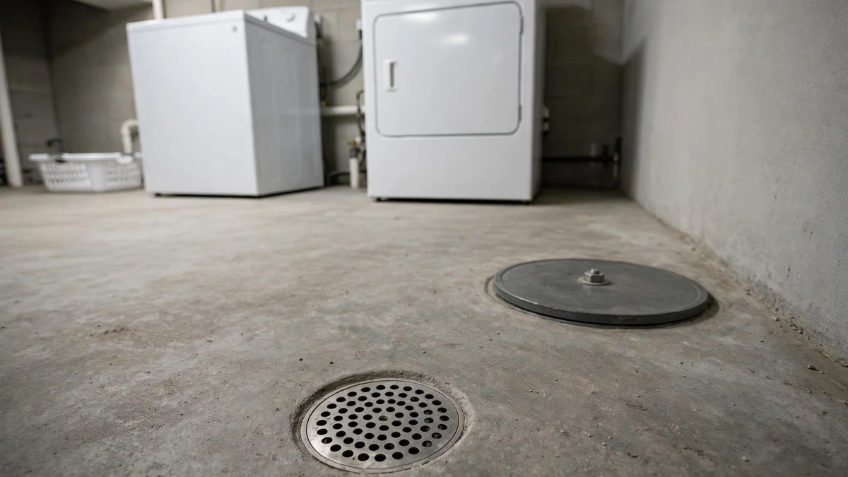 Clean dry basement floor drain area with a round access box cover set flush in the concrete floor