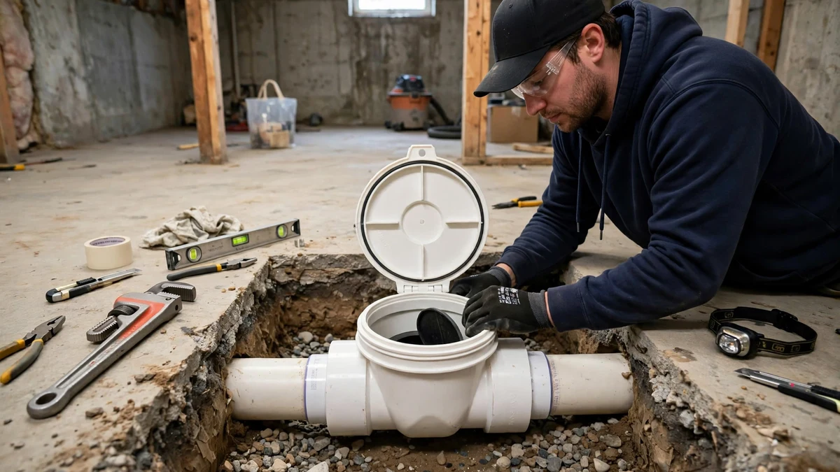 Technician installing a white PVC backwater valve in a shallow pit in a basement floor