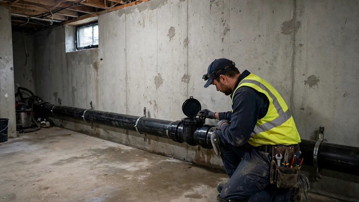 Backwater valve fitted into a sewer pipe run in a basement, with a technician checking the installation