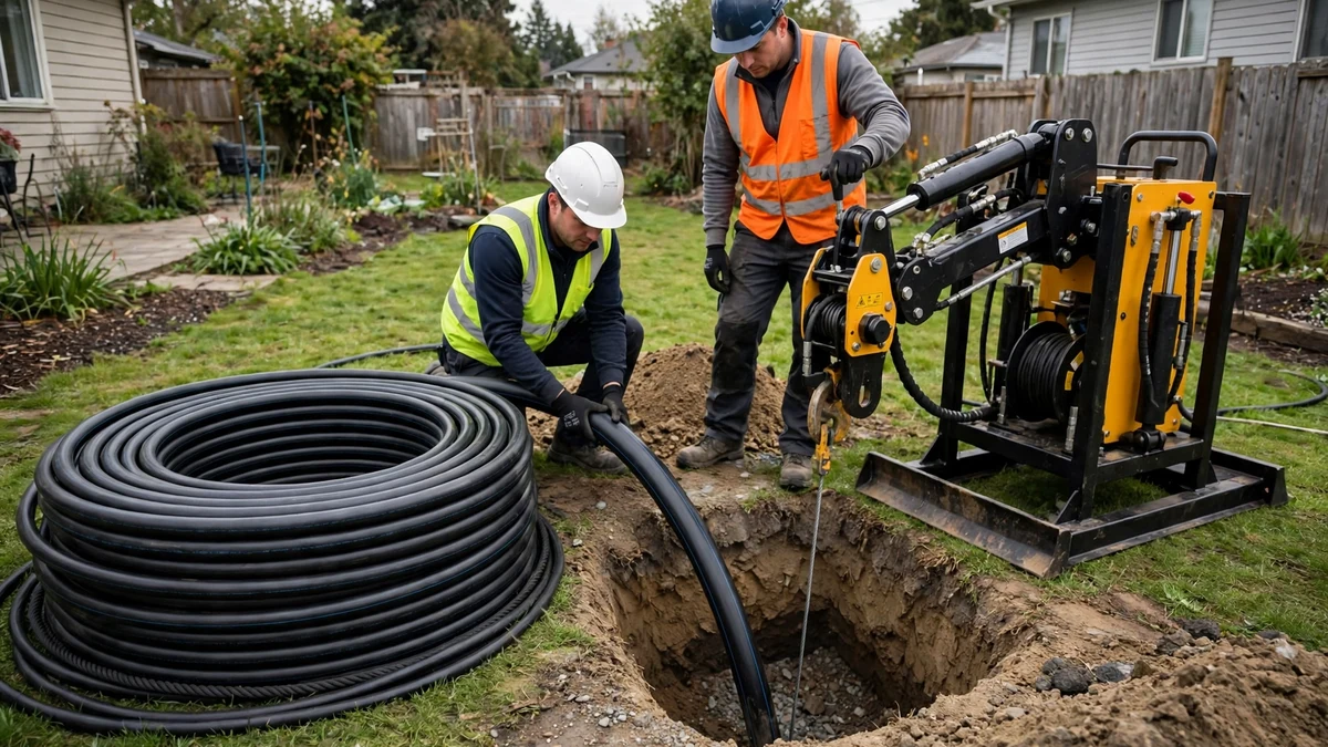 New HDPE pipe coil beside a small entry pit with a hydraulic pulling unit in a yard