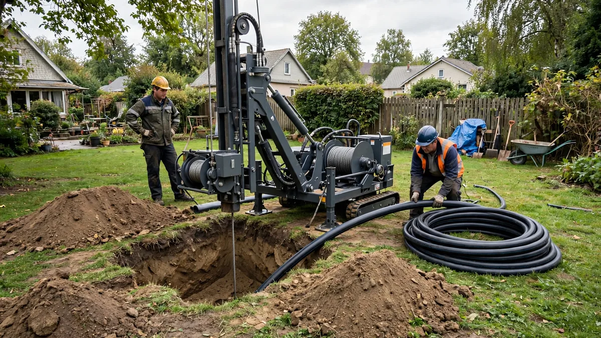 Pipe bursting pulling rig set up at a small entry pit with a length of new pipe ready to be pulled through