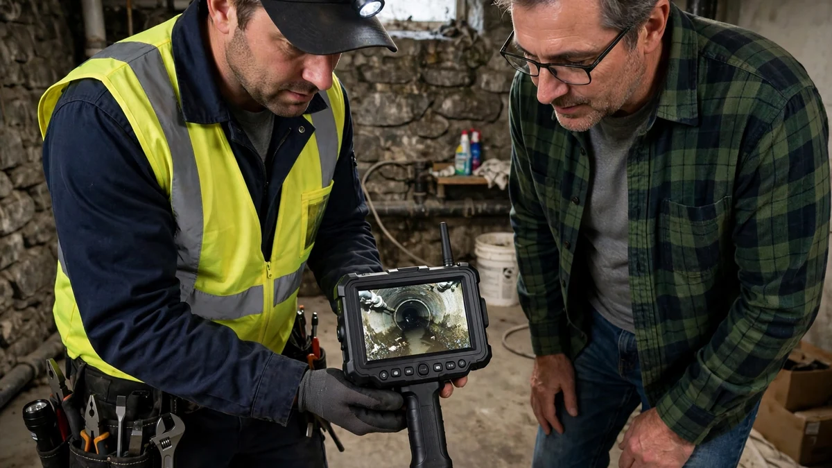 Technician and homeowner reviewing sewer camera footage together on a monitor in a basement