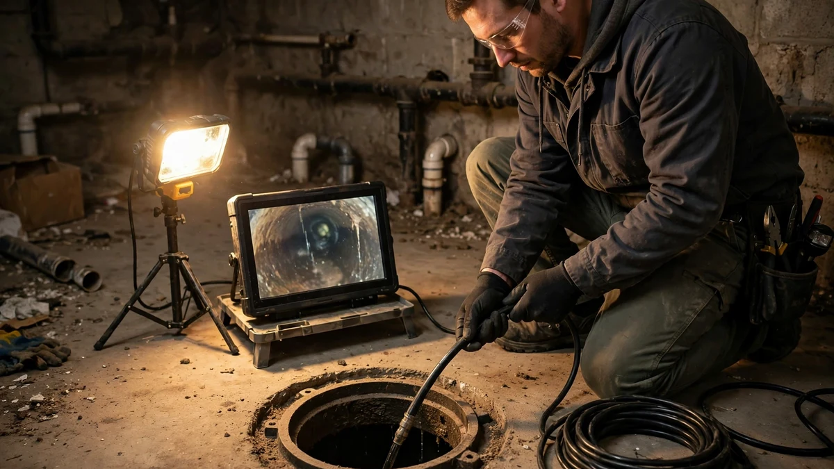 Technician feeding a push rod sewer camera into a basement cleanout beside a monitor