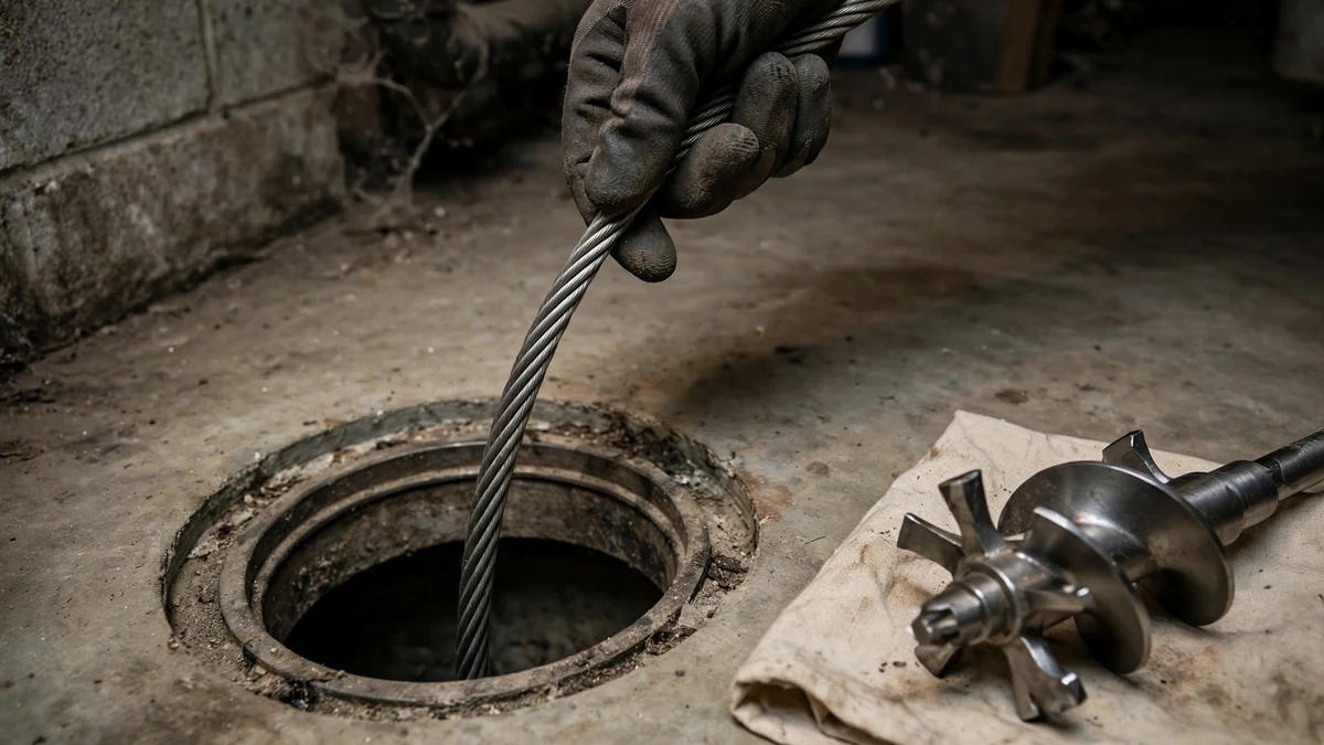 Gloved hand guiding a steel auger cable into a floor cleanout in a basement