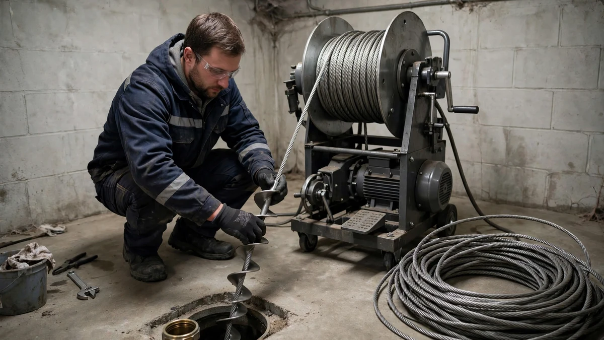 Technician working a drain snake machine at a basement cleanout