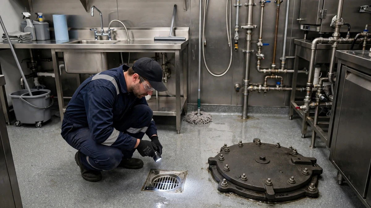 Commercial kitchen utility area with a floor drain and grease interceptor access cover