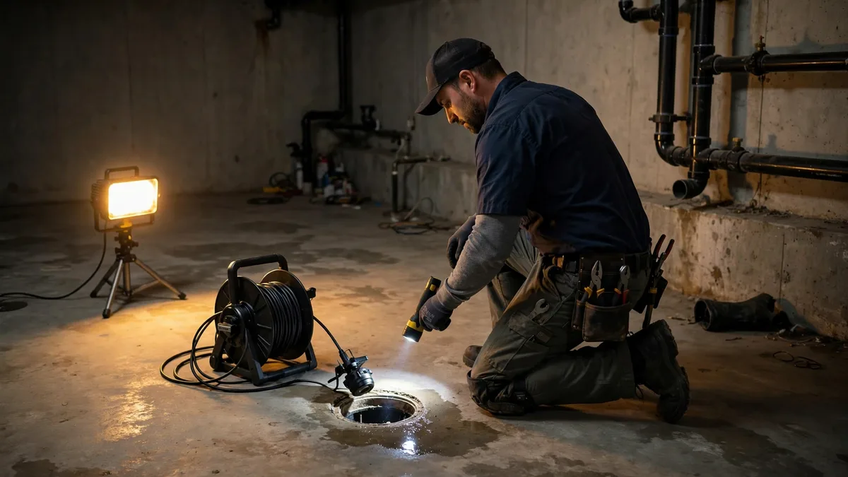 Technician kneeling beside a basement floor drain with a flashlight and inspection camera during an emergency call