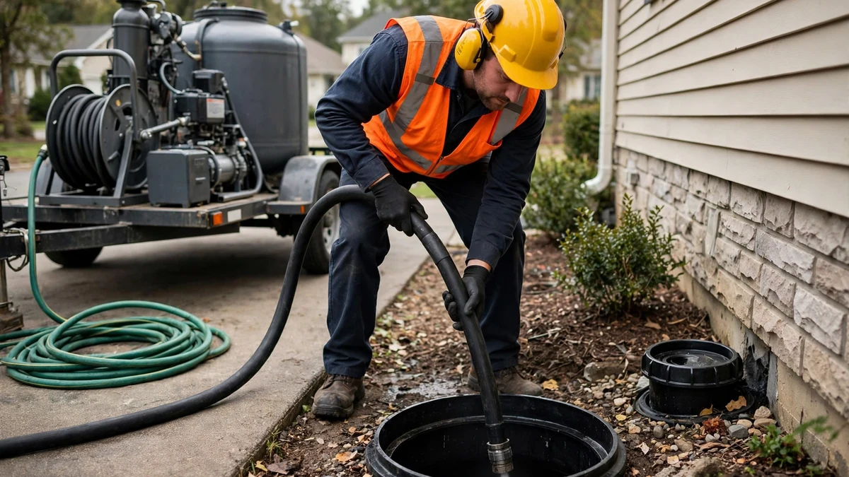 Technician feeding a high pressure jetting hose into a sewer cleanout beside a house