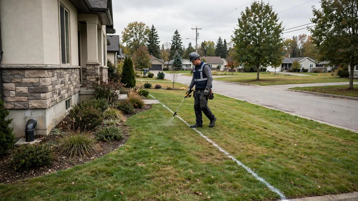 Technician tracing the path of a sewer lateral across a front yard from the house toward the street
