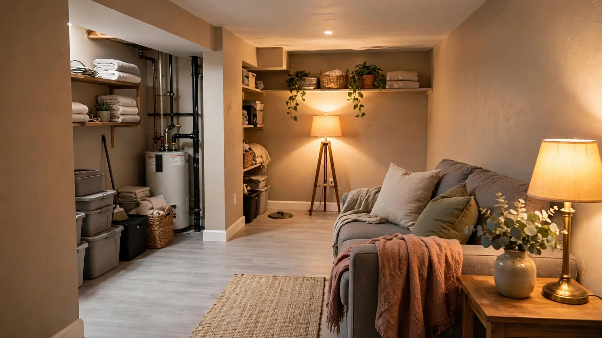 Finished basement with a clean dry floor and a small sewer access point in a utility corner