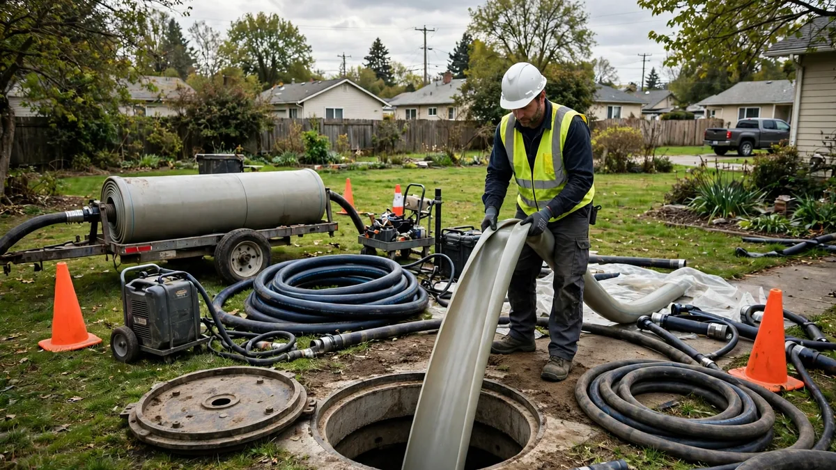Technician handling a pipe lining tube at a sewer access point before it is installed inside the old pipe