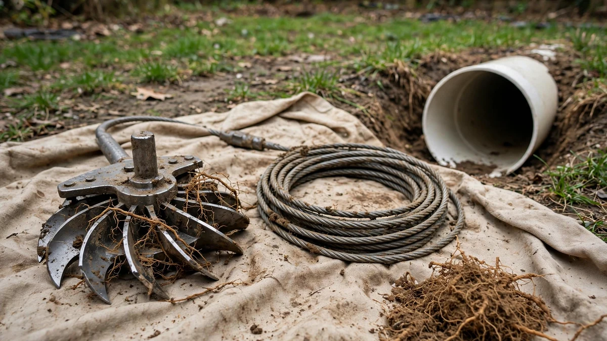 Root cutter head and auger cable laid out beside a sewer cleanout with a small pile of roots
