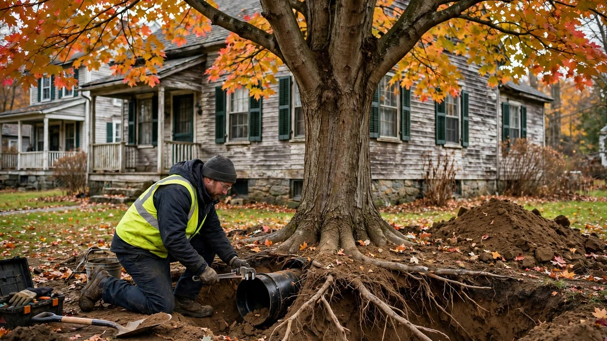 Large mature maple tree in a front yard with a technician working at a cleanout near the tree