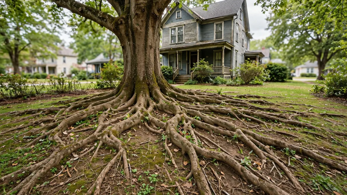 Large tree in a front yard with exposed roots near the ground above a sewer line