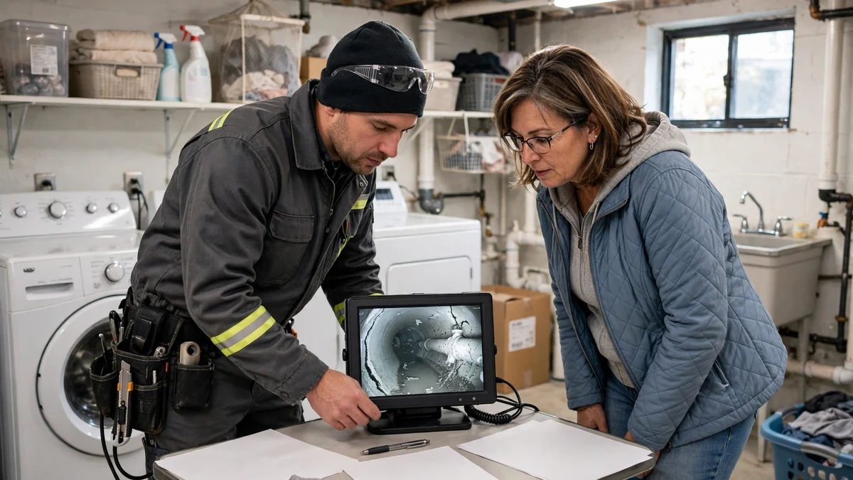 Technician reviewing sewer camera footage on a monitor with a homeowner in a bright basement laundry area