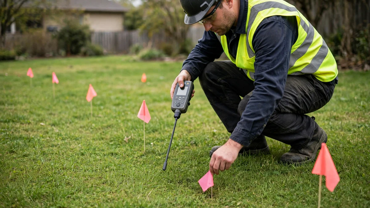 Technician marking a spot on a lawn above a buried sewer line with a locator receiver