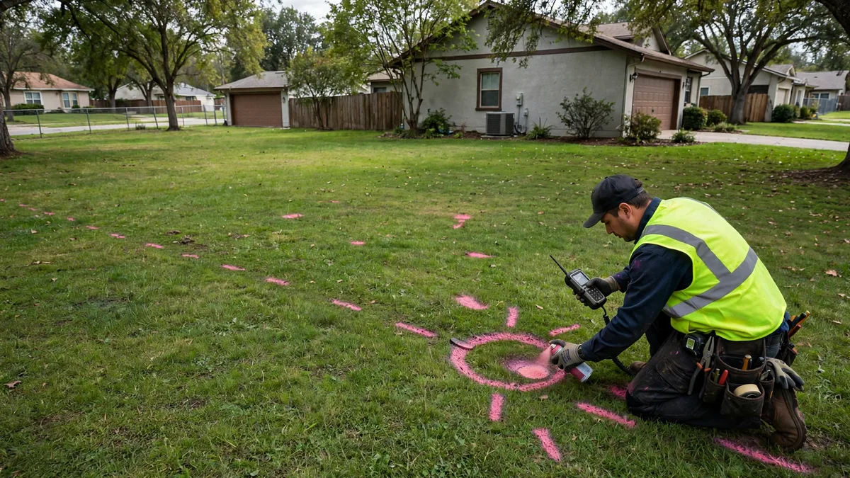 Technician marking a small repair area on the ground above a sewer line with a locator receiver