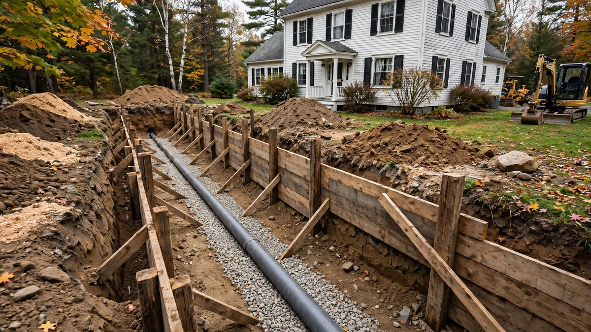 Open trench with shoring boards and a new PVC sewer pipe laid on gravel bedding